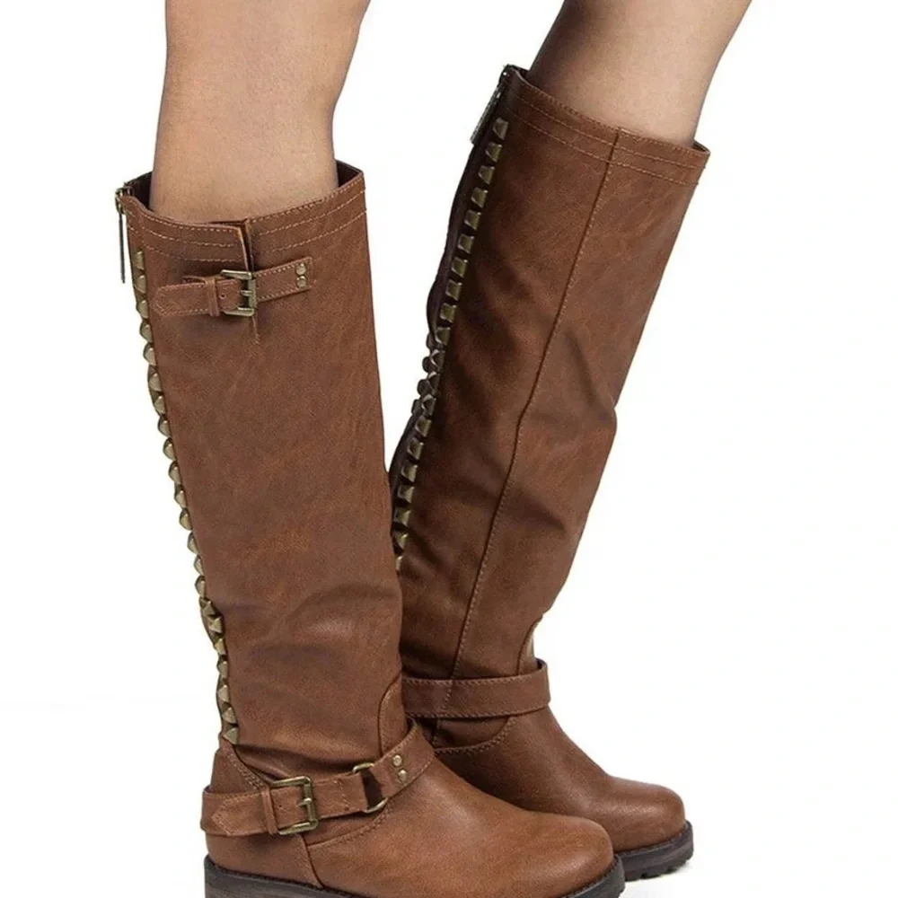 Breckelle Trooper Brown Studded Buckle Riding Knee High Boot - Picture 4 of 13